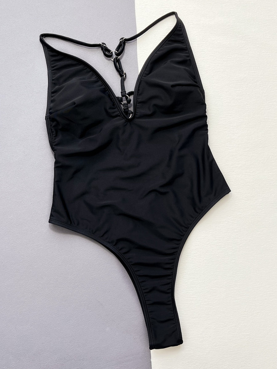 Black & White Lined Bow Cut-Out Spaghetti Strap One Piece Swimsuit main image 0