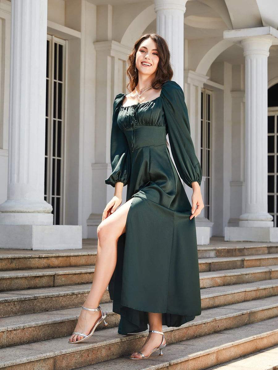 Square Neck Puff Sleeve High Slit Maxi Dress La Boutique Dacula Square Neck Puff Sleeve High Slit Maxi Dress La Boutique Dacula