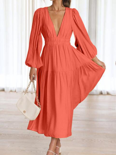 plain maxi dress Deep V-Neck Balloon Sleeve Plain Maxi Dress – La Boutique Dacula