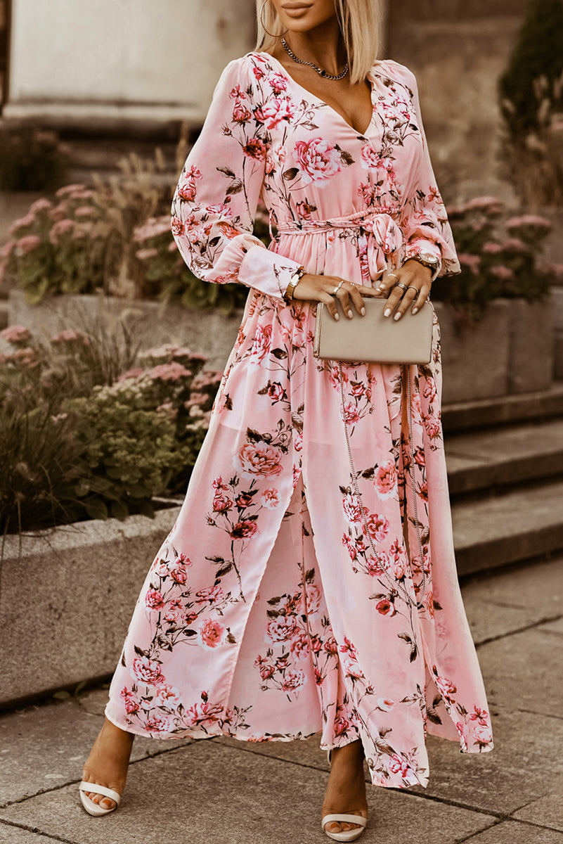 bishop sleeve dress Floral Tie Belt Bishop Sleeve Slit Maxi Dress – La Boutique Dacula