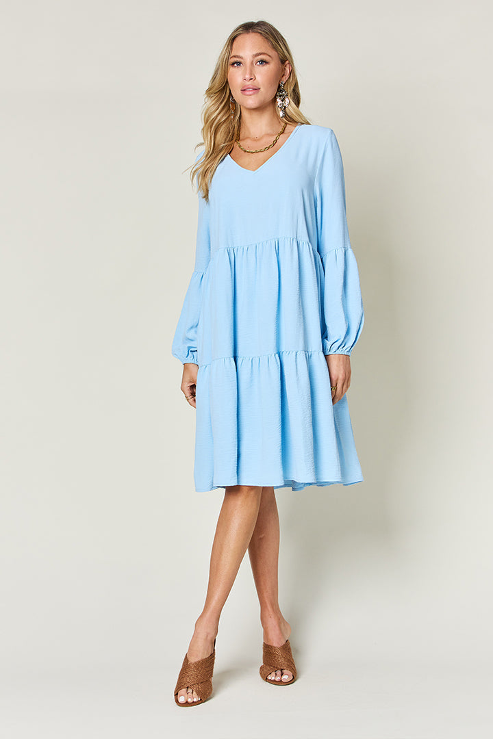 Full Size Plaid Collared Neck Balloon Sleeve Mini Shirt Dress