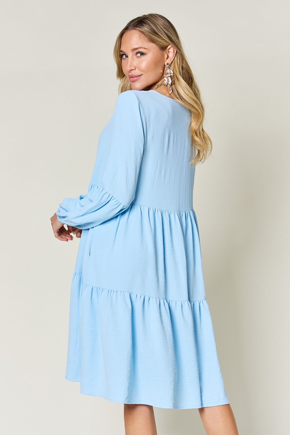 Plus Size Embroidered Tie Neck Balloon Sleeve Mini Dress