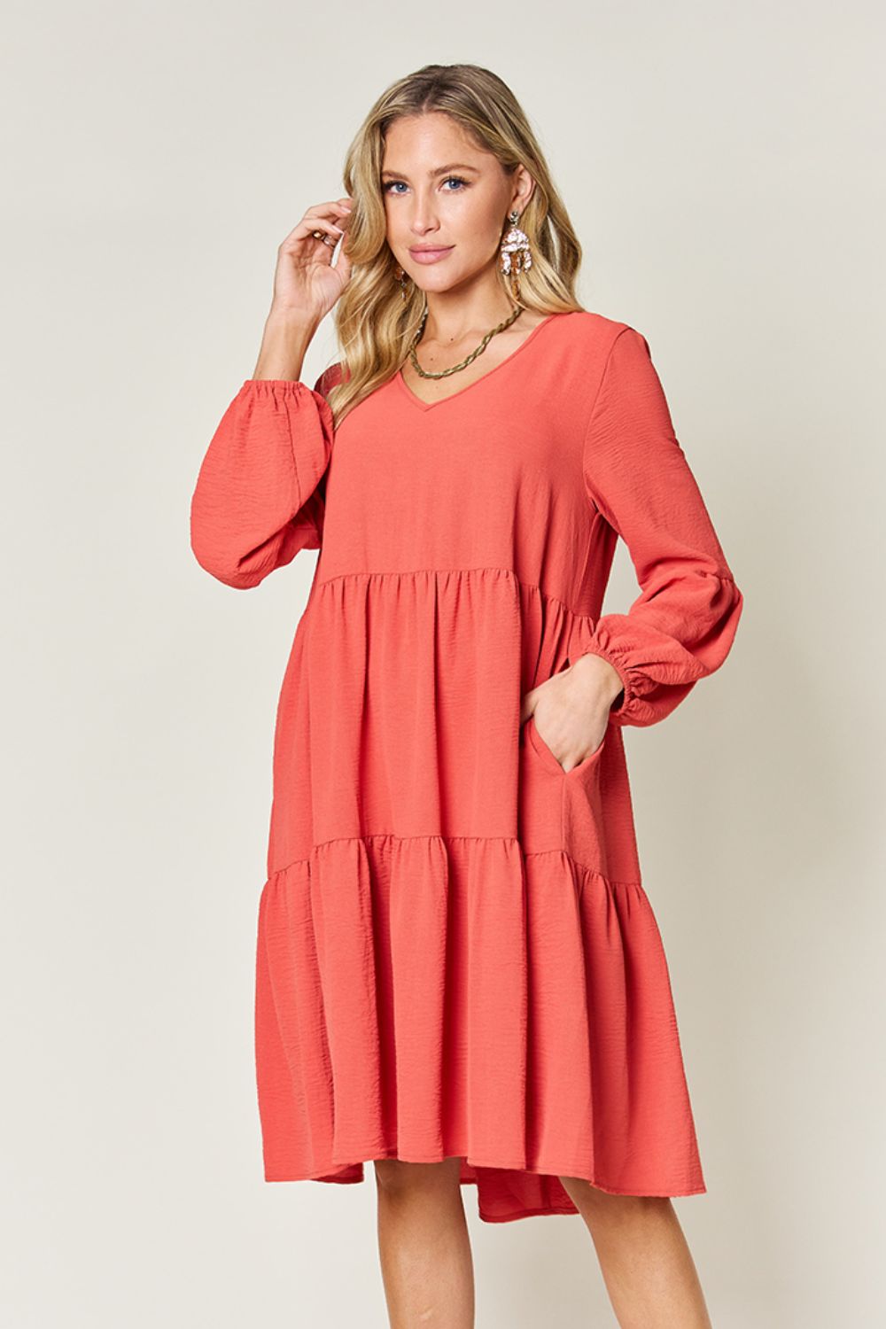 Tiered Round Neck Balloon Sleeve Mini Dress | A-Line Polyester Relaxed Dress