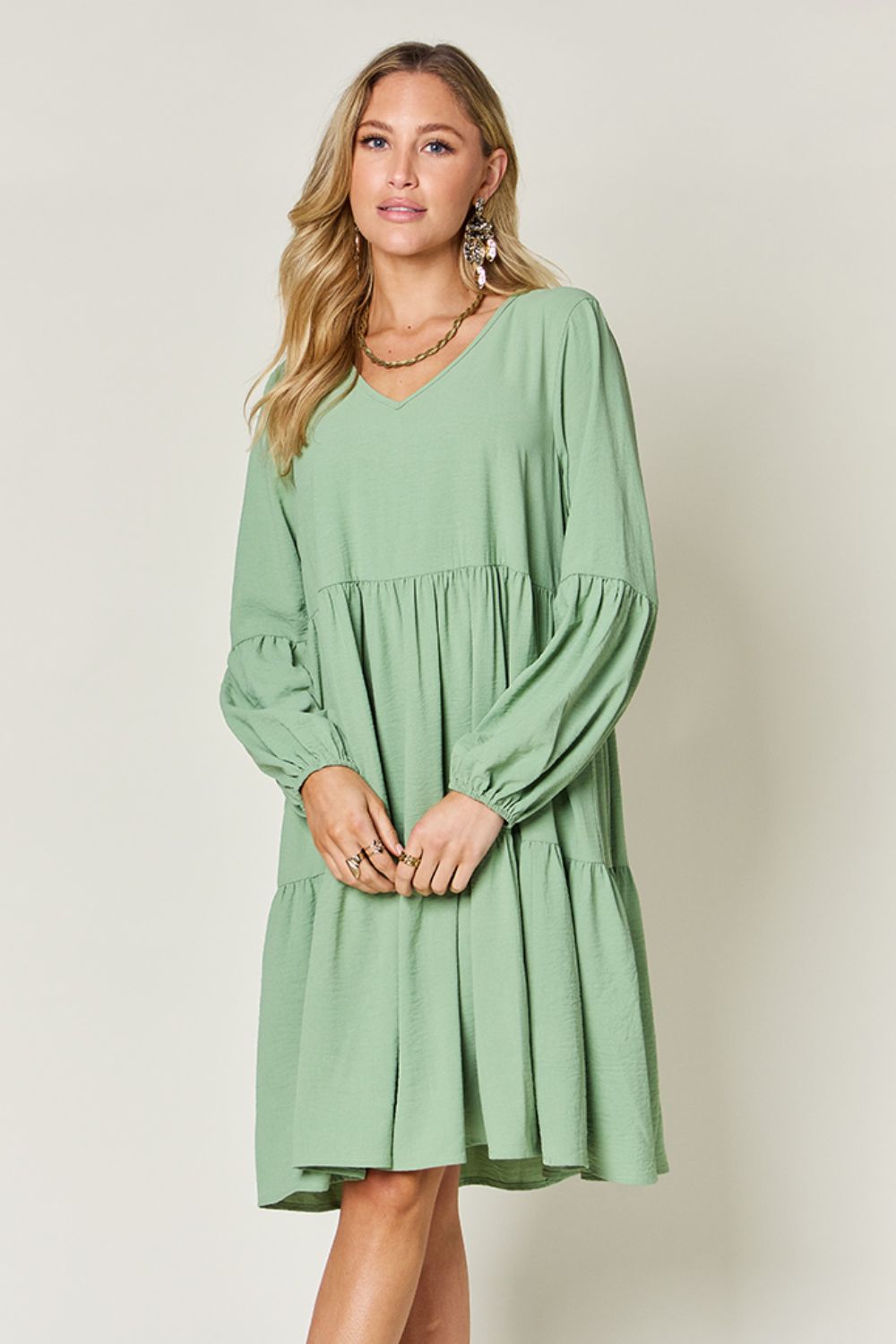 Lace Detail V-Neck Balloon Sleeve Mini Dress
