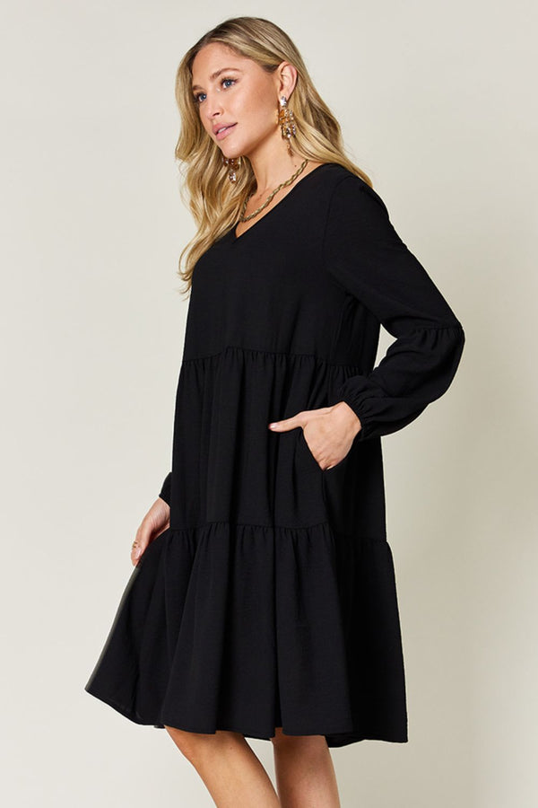 Aemi + Co Notched Balloon Sleeve Tiered Mini Dress