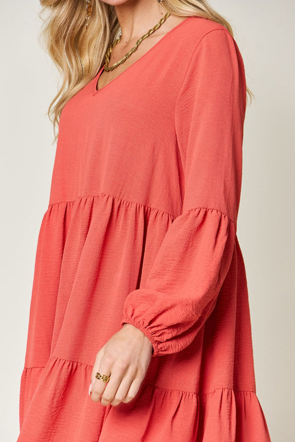 Lace Detail V-Neck Balloon Sleeve Mini Dress