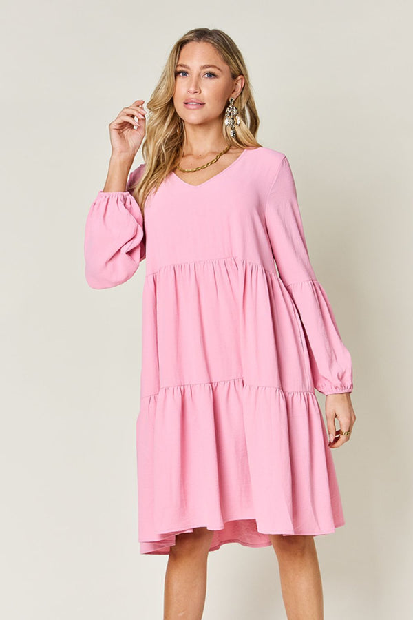 Full Size Plaid Collared Neck Balloon Sleeve Mini Shirt Dress main image 1