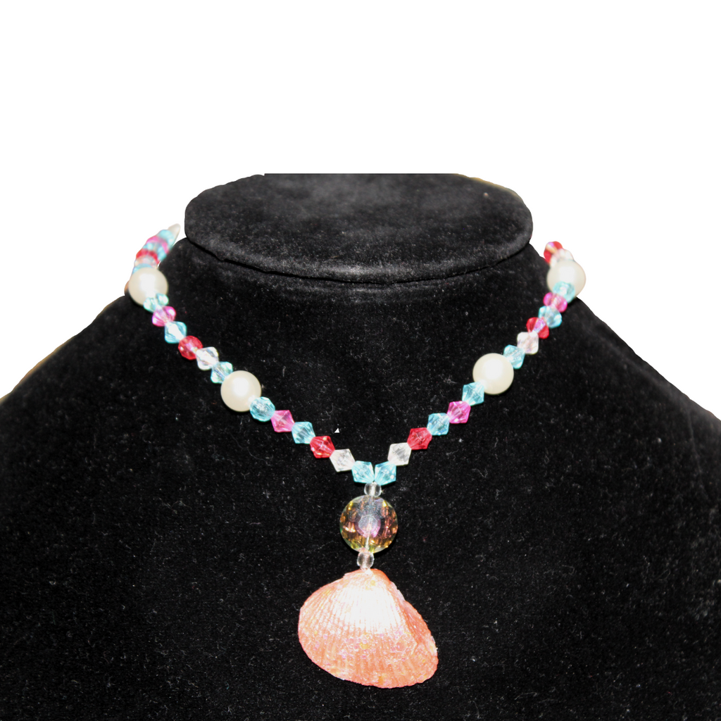 Enchanting Whispers Handmade Multi-Colored Crystal & Faux Pearl Bead Mermaid Shell Pendant Choker Necklace