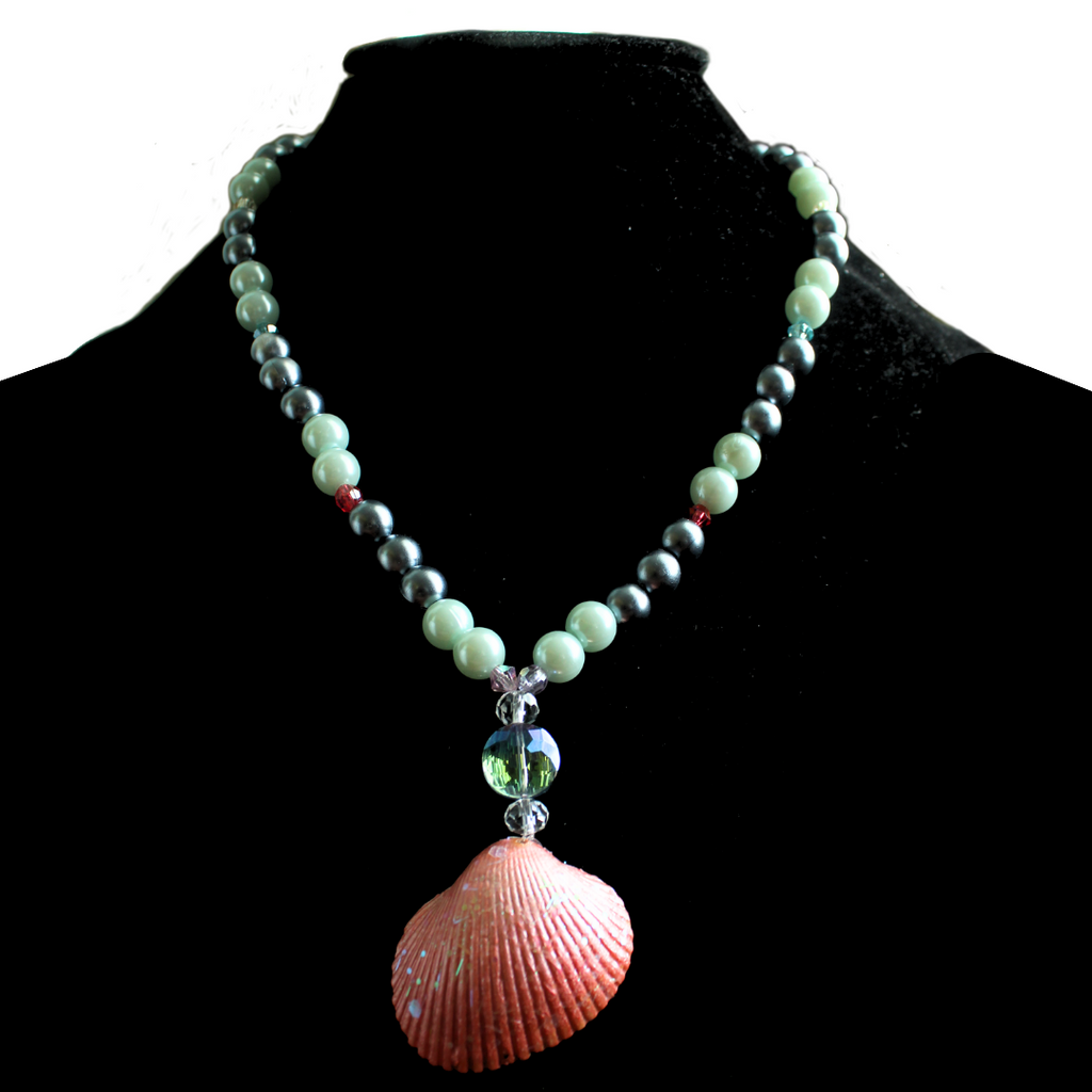 Ocean’s Treasure Faux Pearl & Pink Glitter Seashell Pendant Necklace