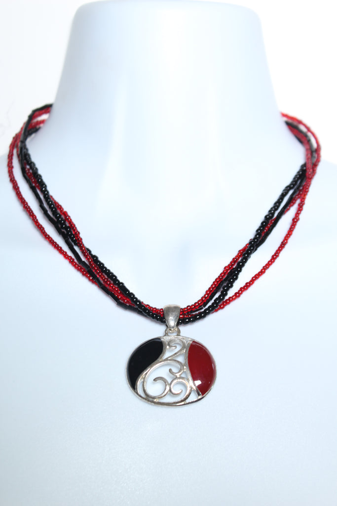 Tribal Multi Strand Red Black Beaded Silver Pendant Collar Necklace