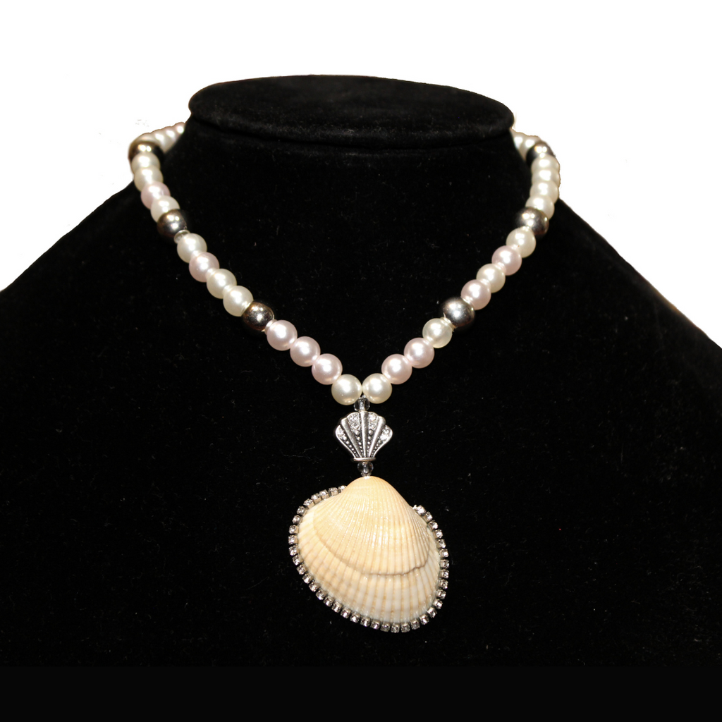 Queen of the Waves Handmade Faux Pearl Bead & Rhinestone Embellished Seashell Pendant Necklace