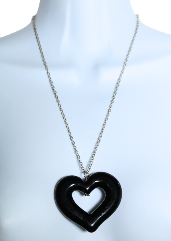 Long Silver Chain Necklace with Black Heart Pendant