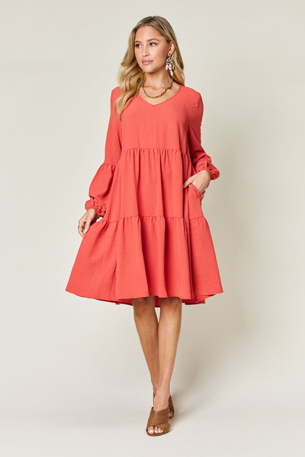 Printed V-Neck Balloon Sleeve Mini Dress