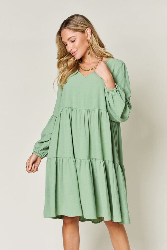Full Size V-Neck Balloon Sleeve Tiered Mini Dress