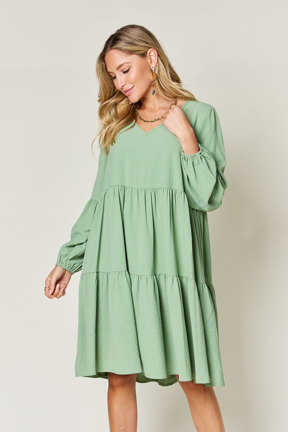 Full Size Plaid Collared Neck Balloon Sleeve Mini Shirt Dress