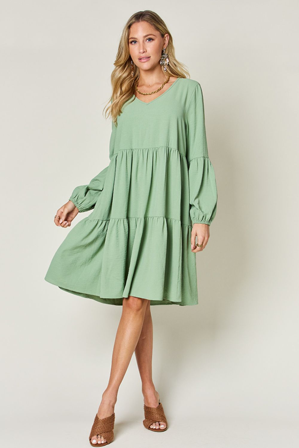 Crinkle Woven V-Neck Balloon Sleeve Mini Dress