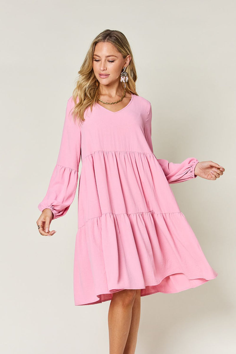 Plus Size Lace Detail Printed V-Neck Balloon Sleeve Dress