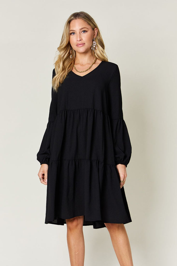 Full Size V-Neck Balloon Sleeve Tiered Mini Dress