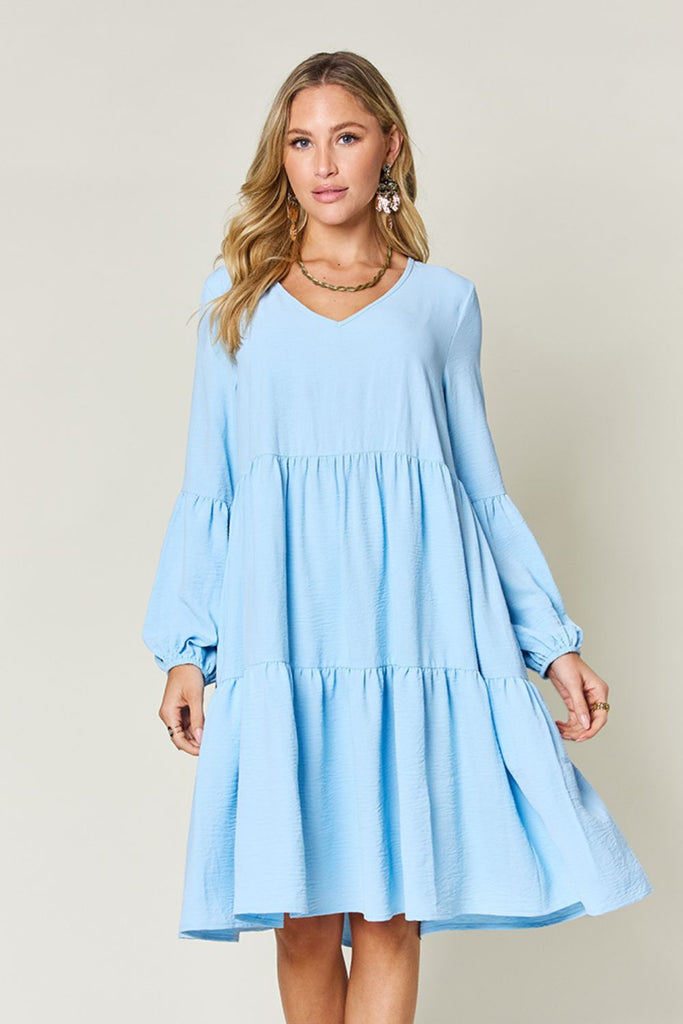 Full Size V-Neck Balloon Sleeve Tiered Mini Dress