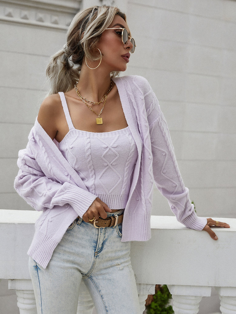 Popcorn Cable-Knit Cropped Cami and Cardigan Set