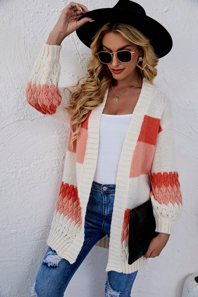 Striped Ribbed Trim Open Front Cardigan