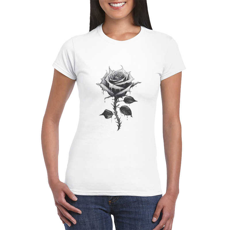 Women's Sharp Thorn Rose Print Graphic Design Black White Organic Cotton T-Shirt