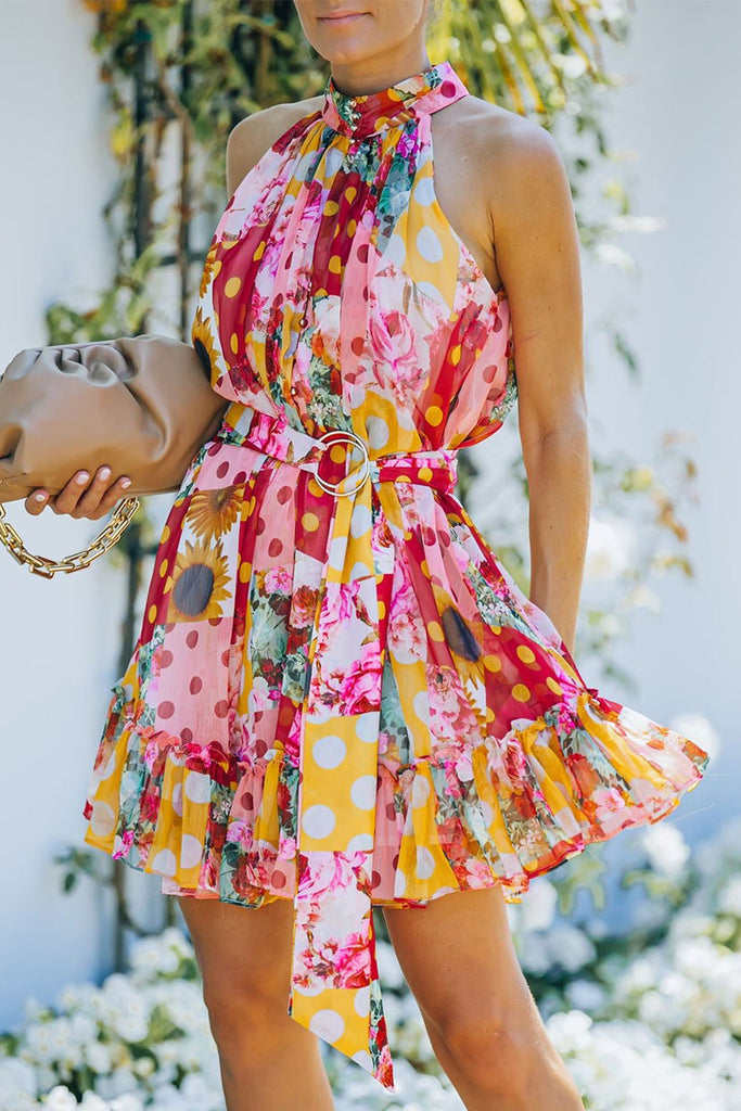Floral Polka Dot Belted Sleeveless Mini Dress
