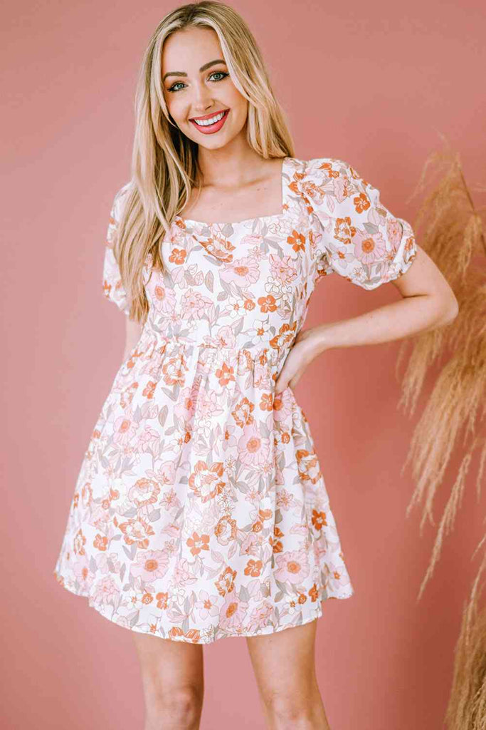 Floral Tie-Back Puff Sleeve Dress