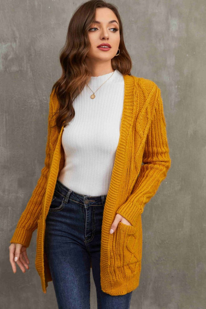 Mixed Knit Open Front Longline Cardigan with Pockets
