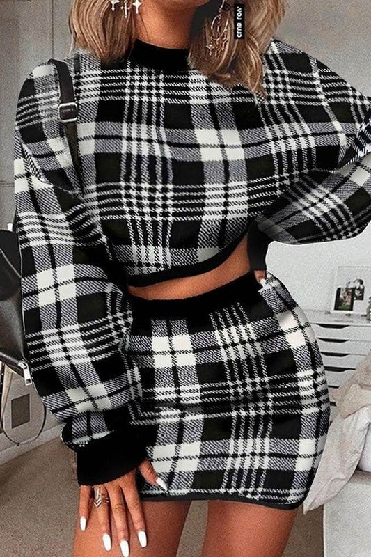 Two-piece Plaid Crop Pullover and Skirt Set