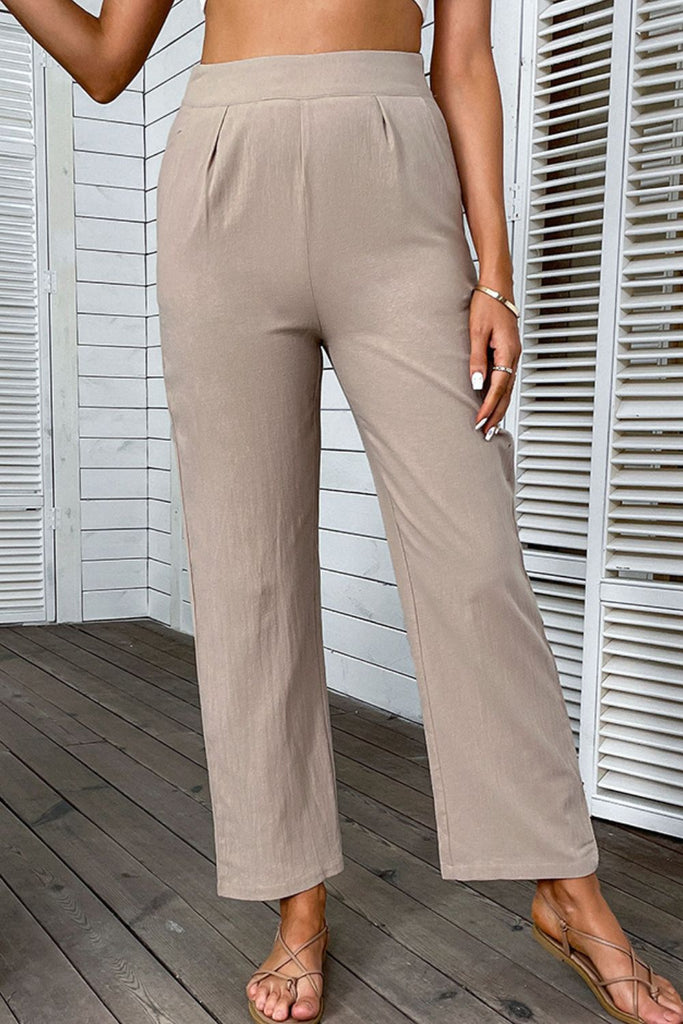 High Waist Pleated Detail Pants with Pockets