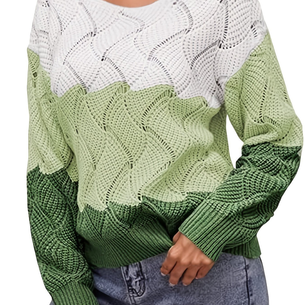 Woman's Sweater Stripe Color Block Long Sleeve Crewneck Loose Knitted Sweater