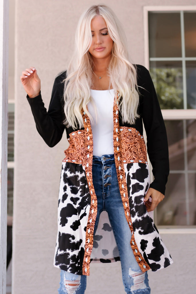Printed Color Block Open Front Cardigan