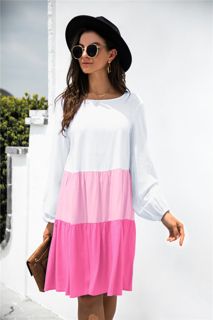 Color Block Long Sleeve Tiered Dress