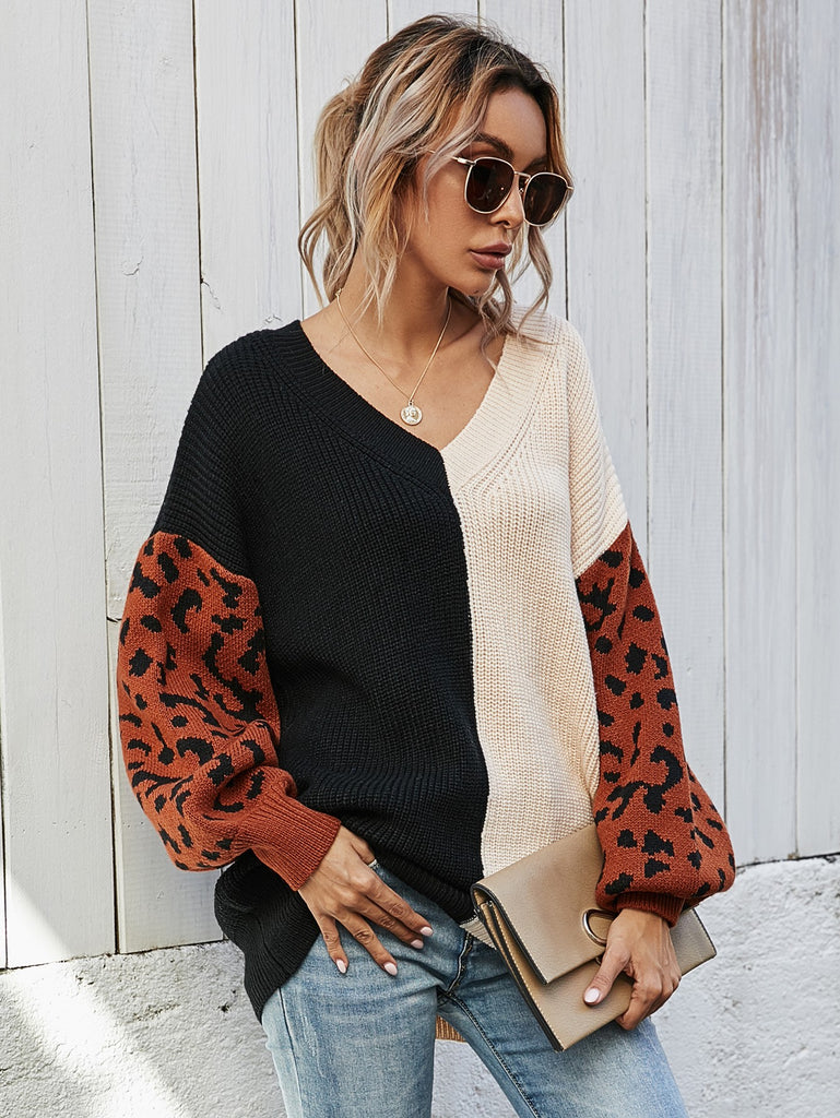 Leopard Color Block V-Neck Tunic Pullover Sweater