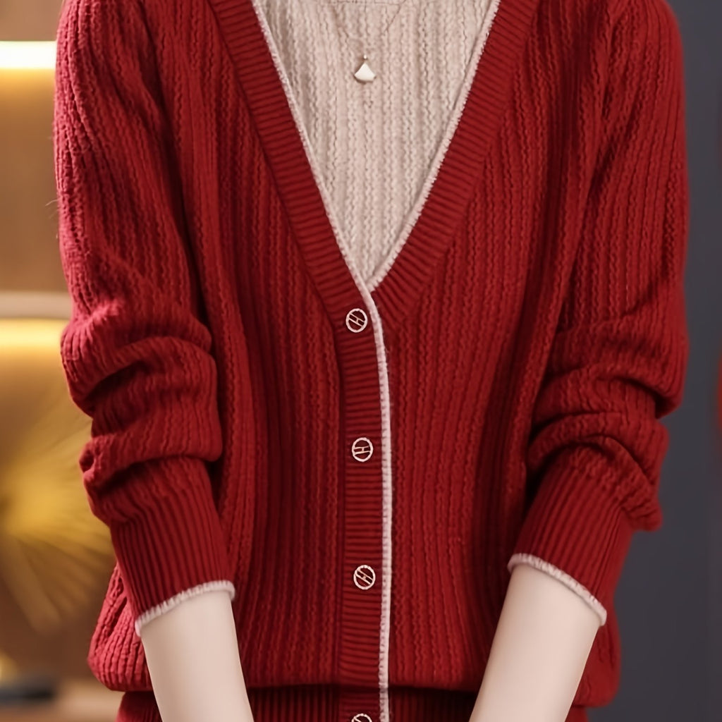 Ladies' Red Splicing Fake Two-piece Knitted Cardigan With Sweater Inside