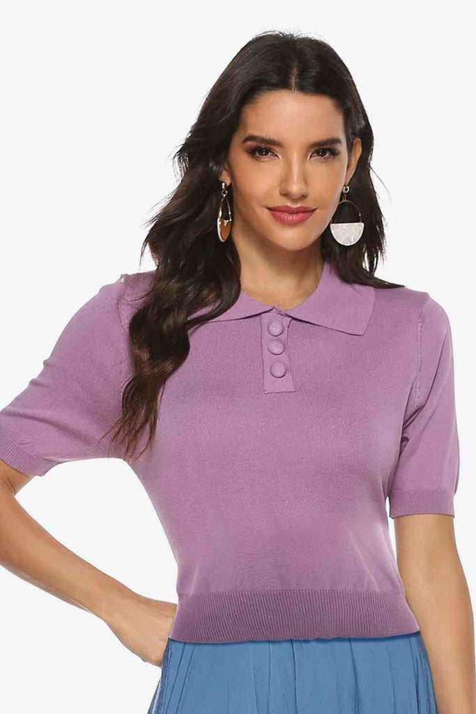Buttoned Collared Neck Short Sleeve Knit Top