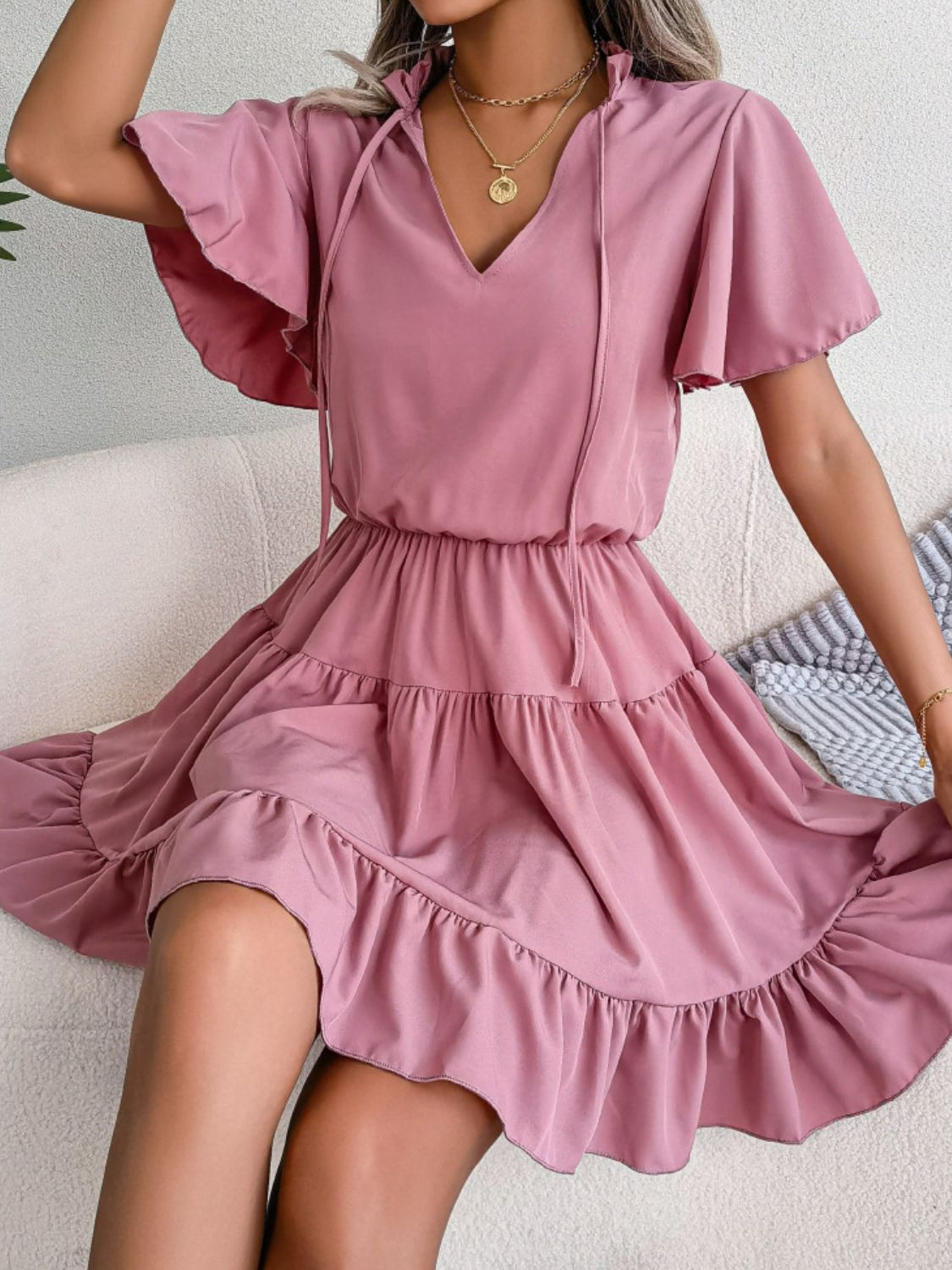 Tie Neck Tiered Flutter Sleeve Mini Dress La Boutique Dacula