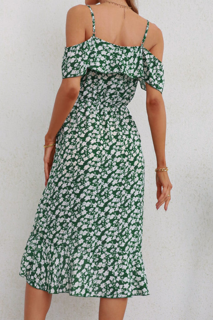 Ditsy Floral Cold Shoulder Ruffled Dress La Boutique Dacula Ditsy Floral Cold Shoulder Ruffled Dress La Boutique Dacula