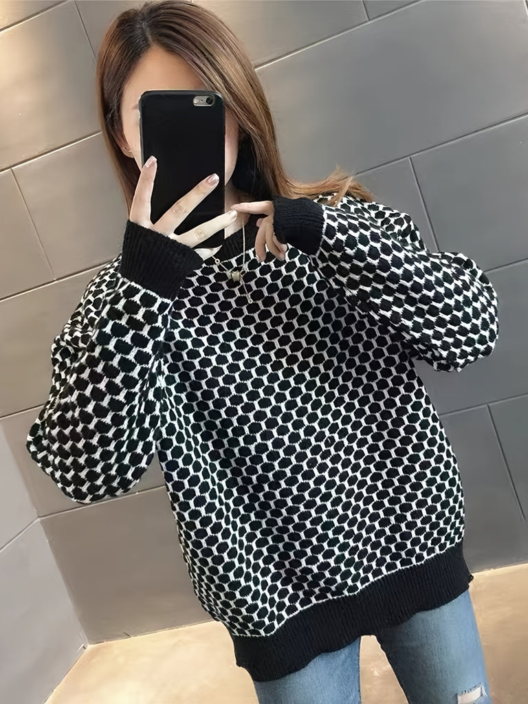 Color Block Sweater, Casual Crew Neck Long Sleeve Loose Fall Winter Knit Sweater, Women's Clothing