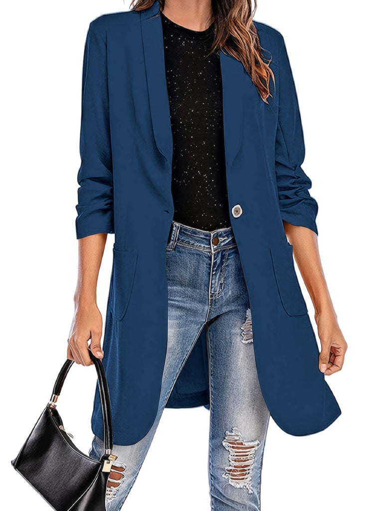 Elegant Lapel Blazer Coat, Casual 3/4 Sleeve Fashion Loose Blazer Outerwear, Women's Clothing