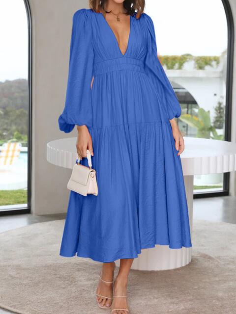 Deep V-Neck Balloon Sleeve Plain Maxi Dress – La Boutique Dacula