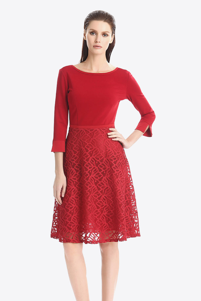 Full Size Three-Quarter Sleeve Spliced Lace Dress