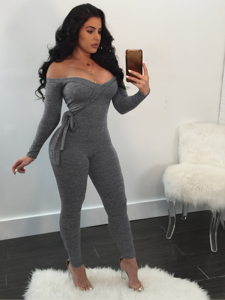 Sexy Deep V Jumpsuit, Casual Solid Long Sleeve Lace Up Waist Jumpsuit, Women's Clothing