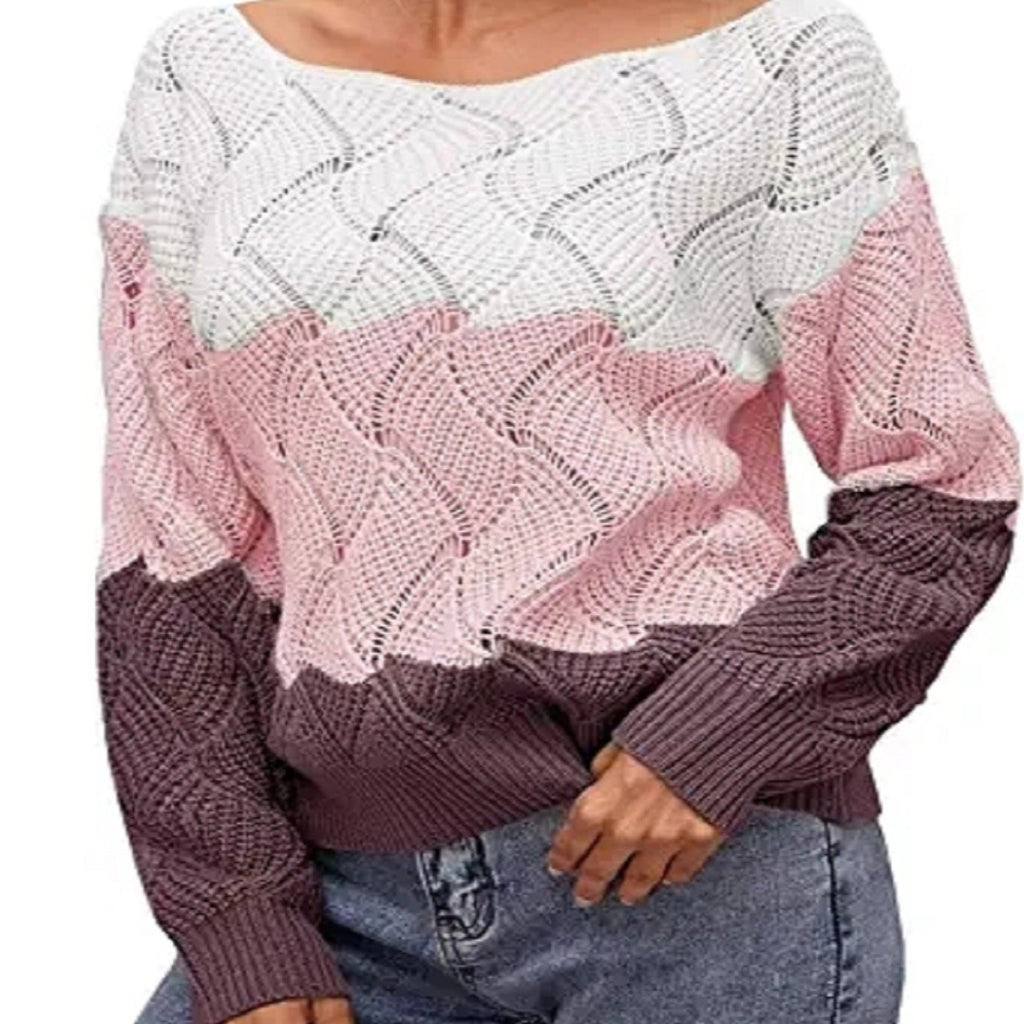 Woman's Sweater Stripe Color Block Long Sleeve Crewneck Loose Knitted Sweater