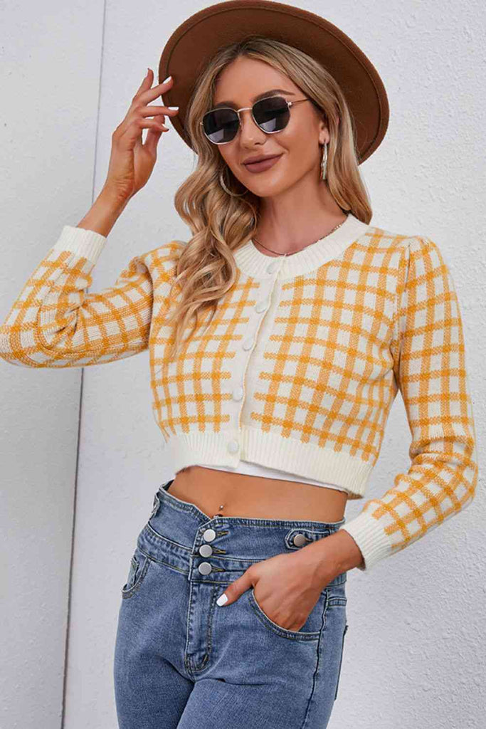 Plaid Buttoned Cropped Cardigan