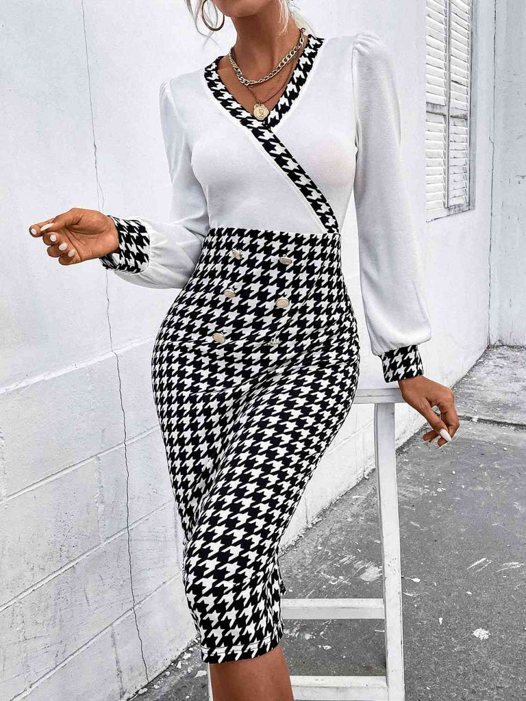 Houndstooth Long Sleeve Slit Dress La Boutique Dacula Houndstooth Long Sleeve Slit Dress La Boutique Dacula