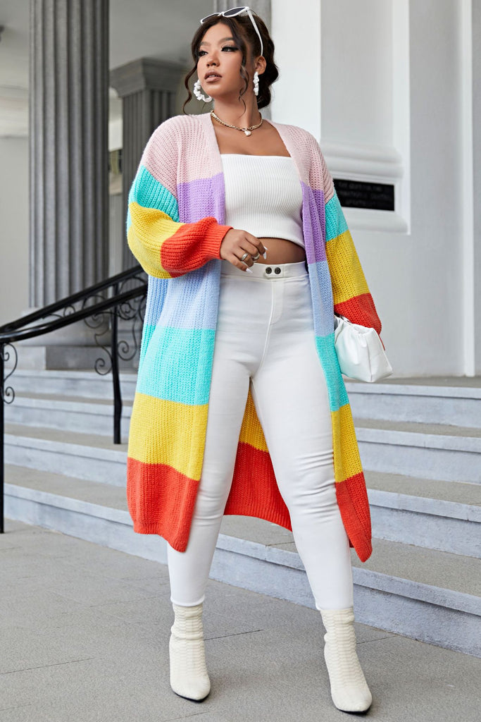Plus Size Striped Rib-Knit Open Front Duster Cardigan