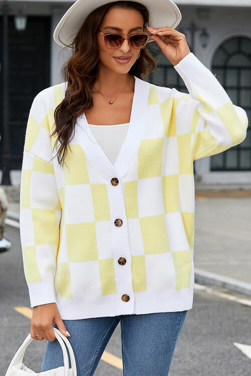 Double Take Button-Up V-Neck Dropped Shoulder Cardigan