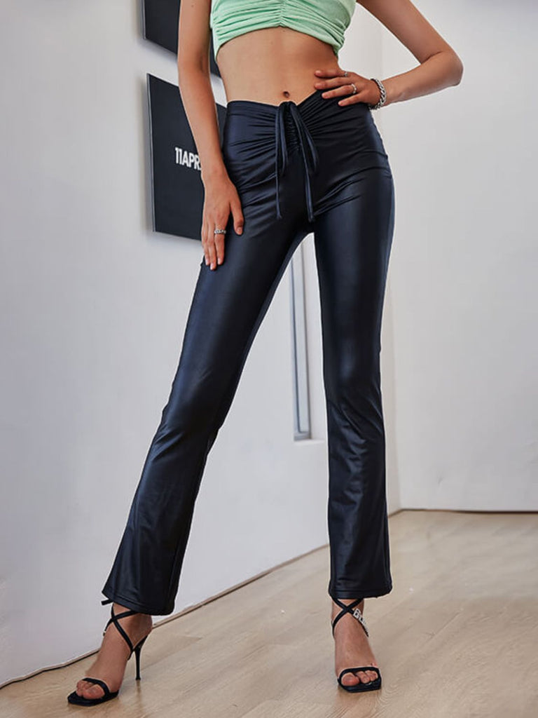 Gathered Detail Tied V-Waist Flare Pants